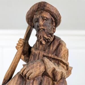 VTG Hand Carved Wood Statue Figure • Old Bearded Traveling Man Peru Folk Art 9"